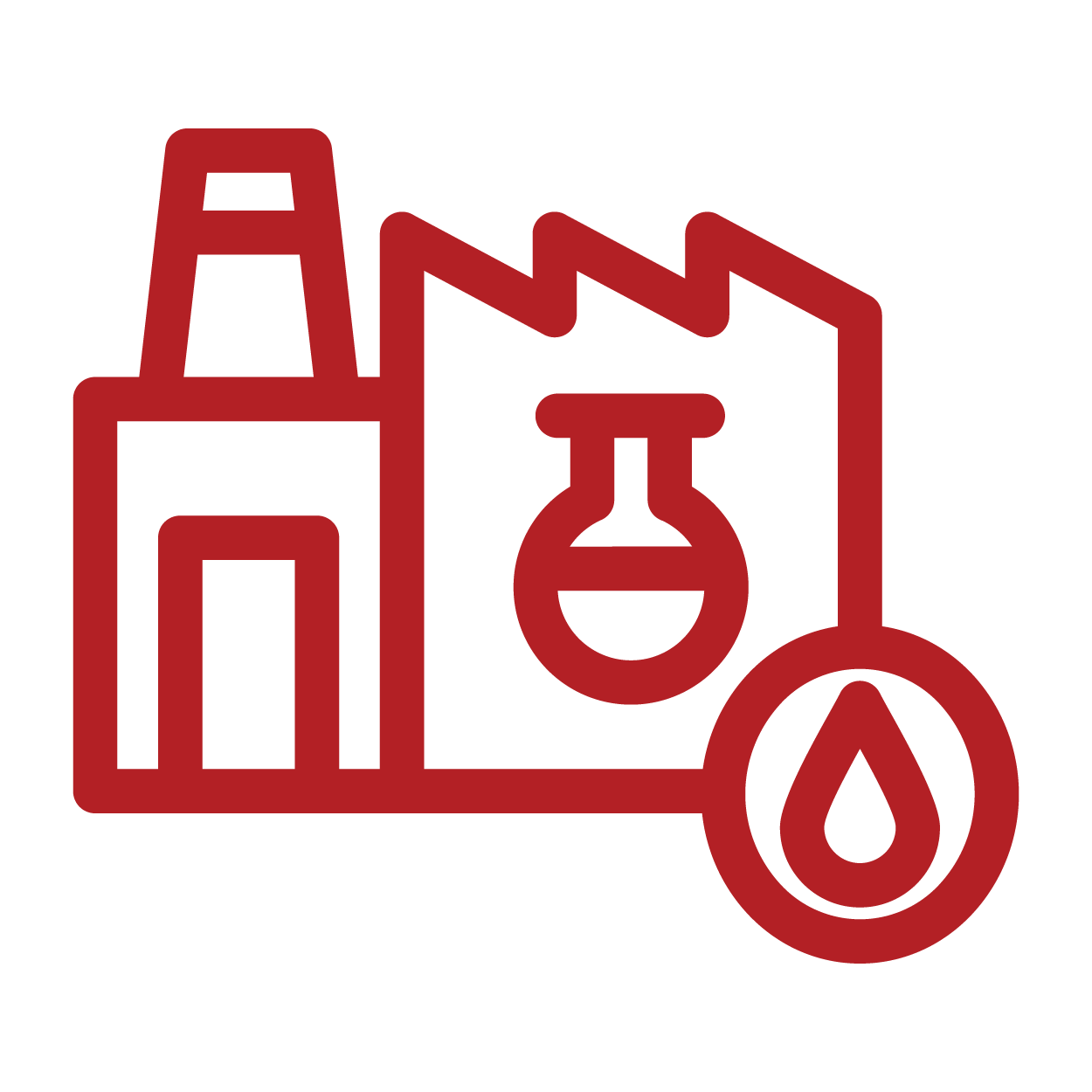 Icon of a factory with a beaker and a drop of liquid, indicating pollution or chemical manufacturing.