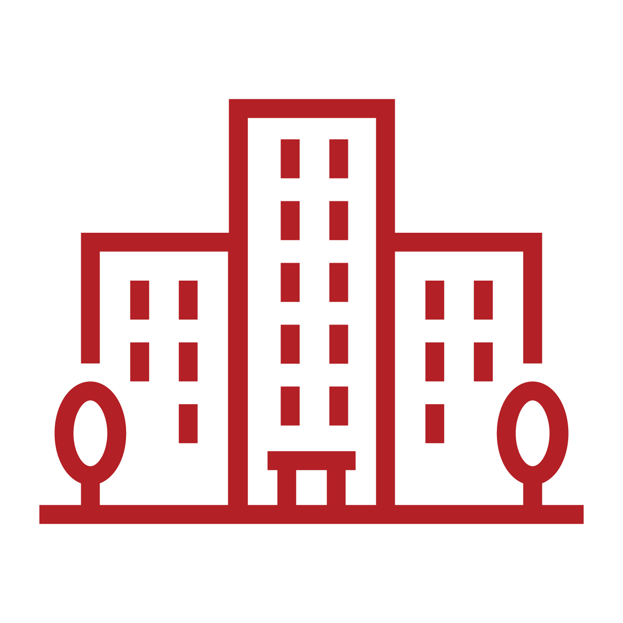 Line drawing of a multi-story building with trees on either side.