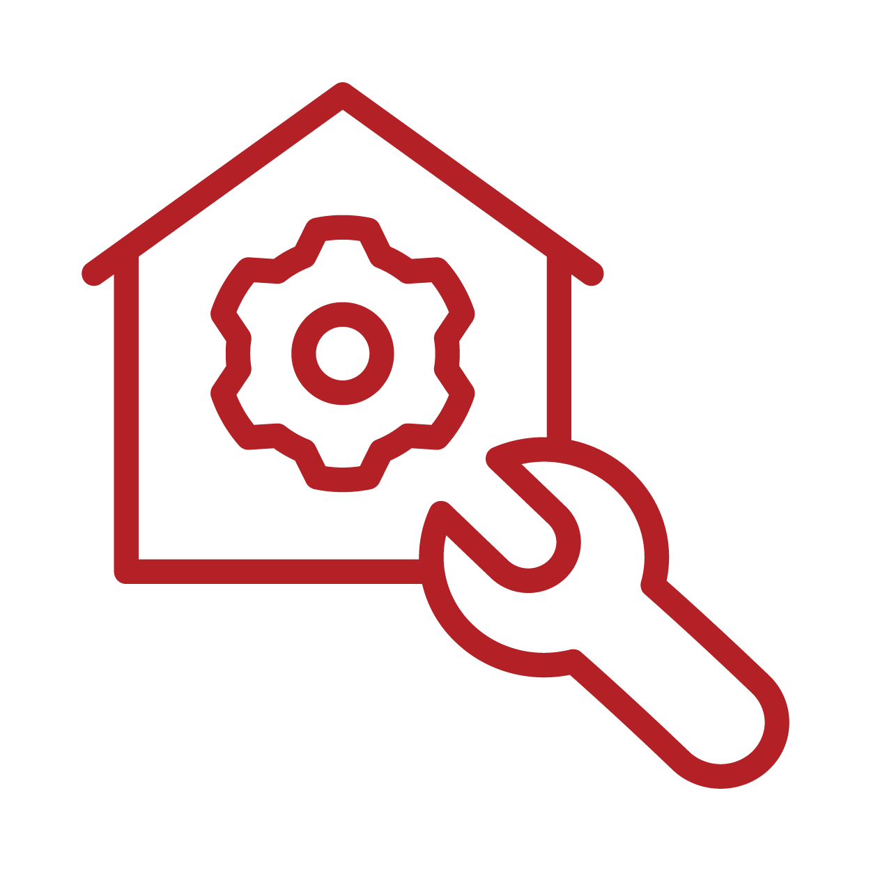 Icon of a house with a gear inside and a magnifying glass inspecting it, symbolizing home maintenance or repair.