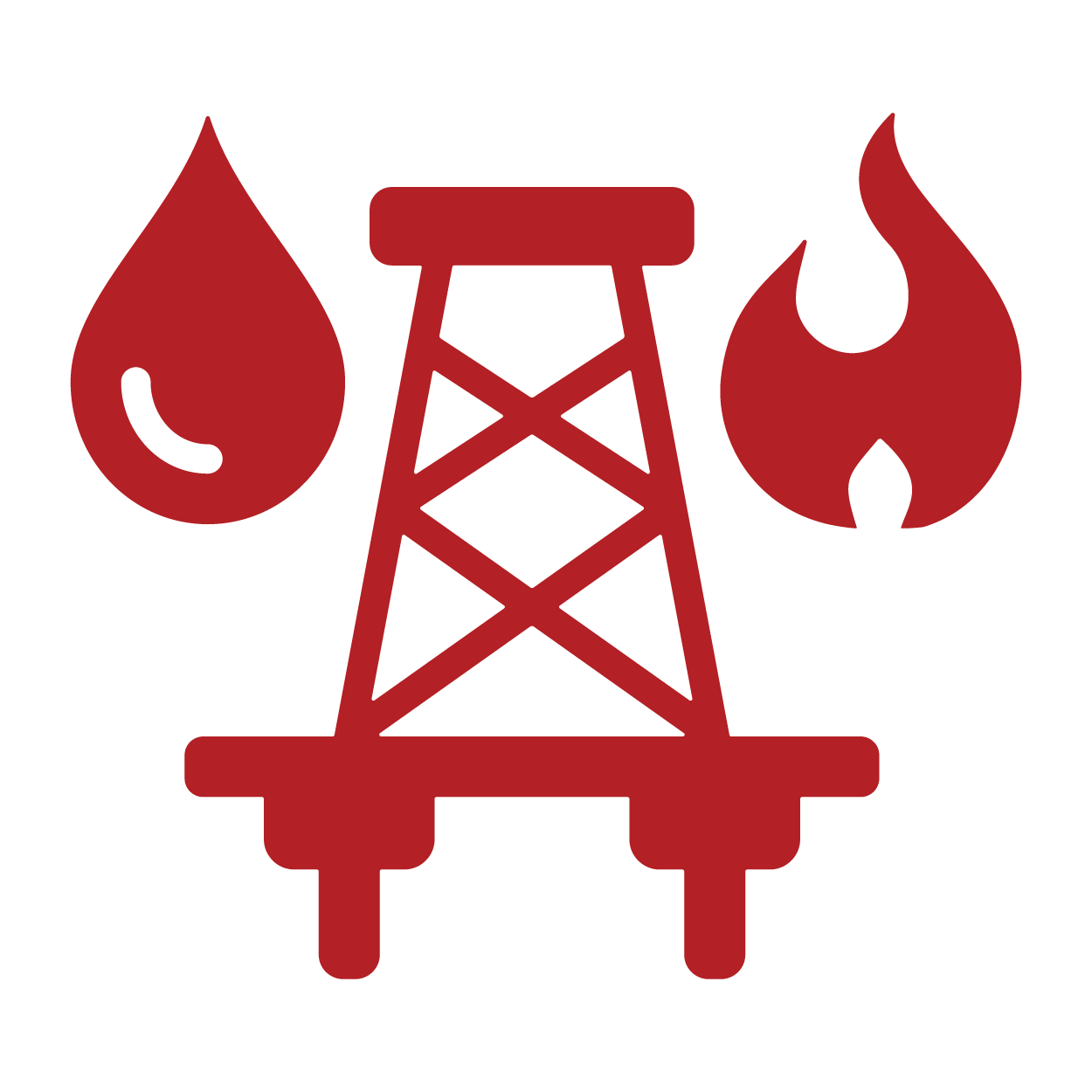 Illustration of oil drilling rig with flames on either side.
