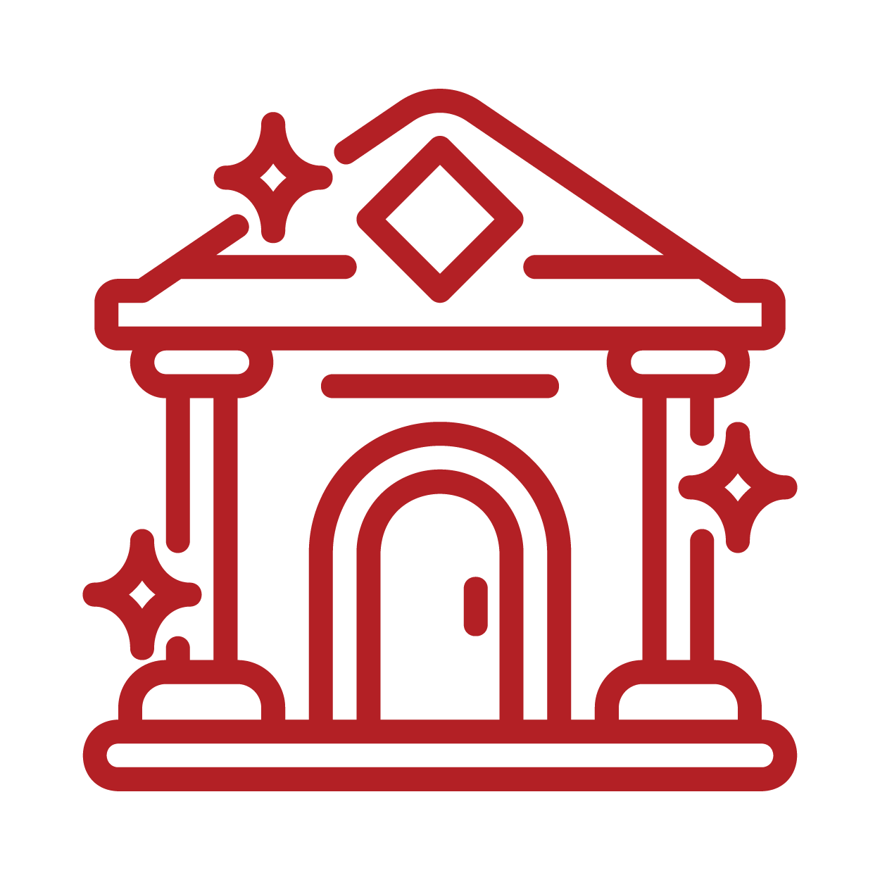 Red outline of a house with a triangular roof, a rounded door, and four supporting columns, decorated with sparkling stars.