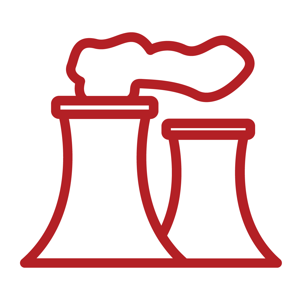 Line drawing of two nuclear power plant cooling towers with steam rising from the tops.