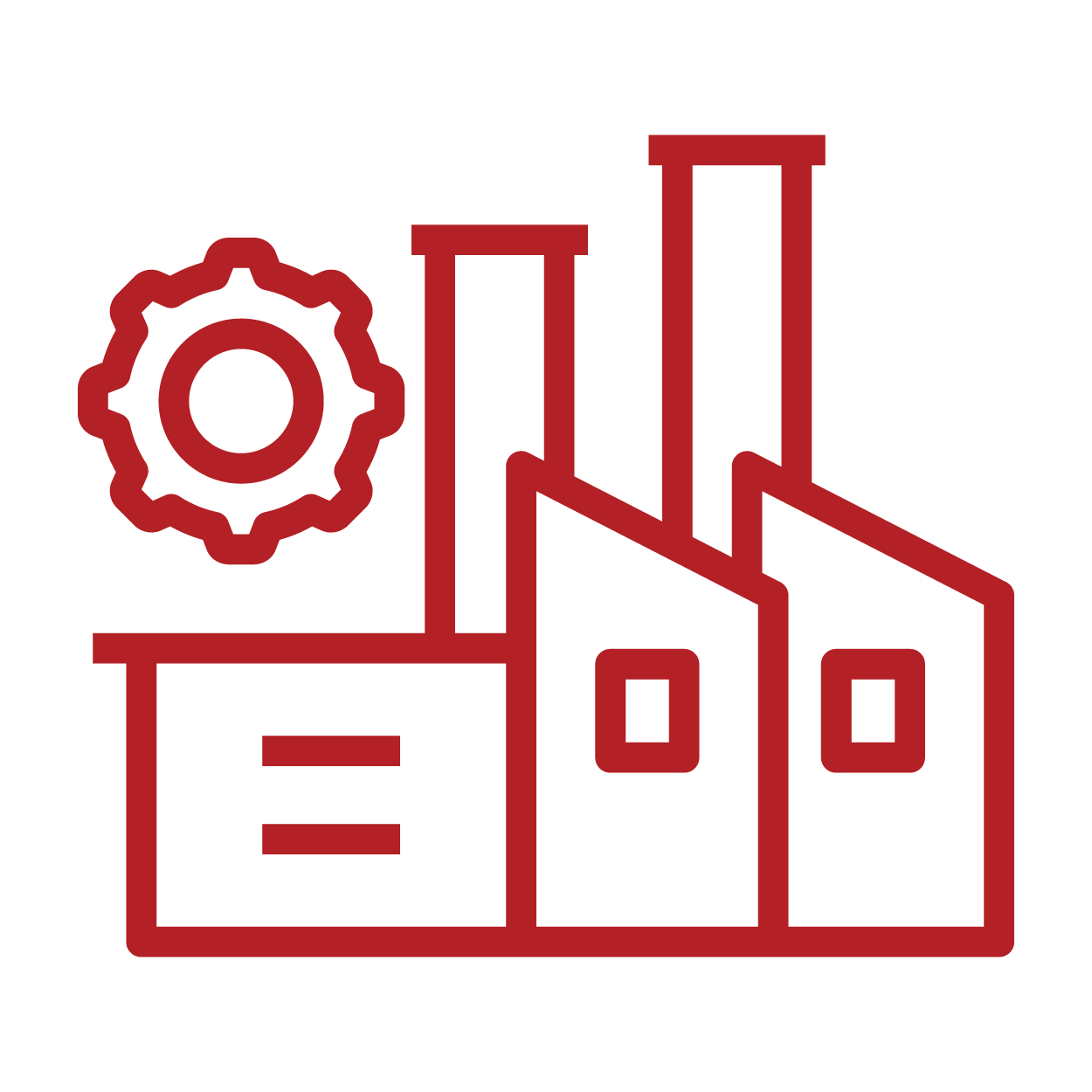 A red outlined icon of a factory with a gear symbol to the left of the building, all set against a black background.