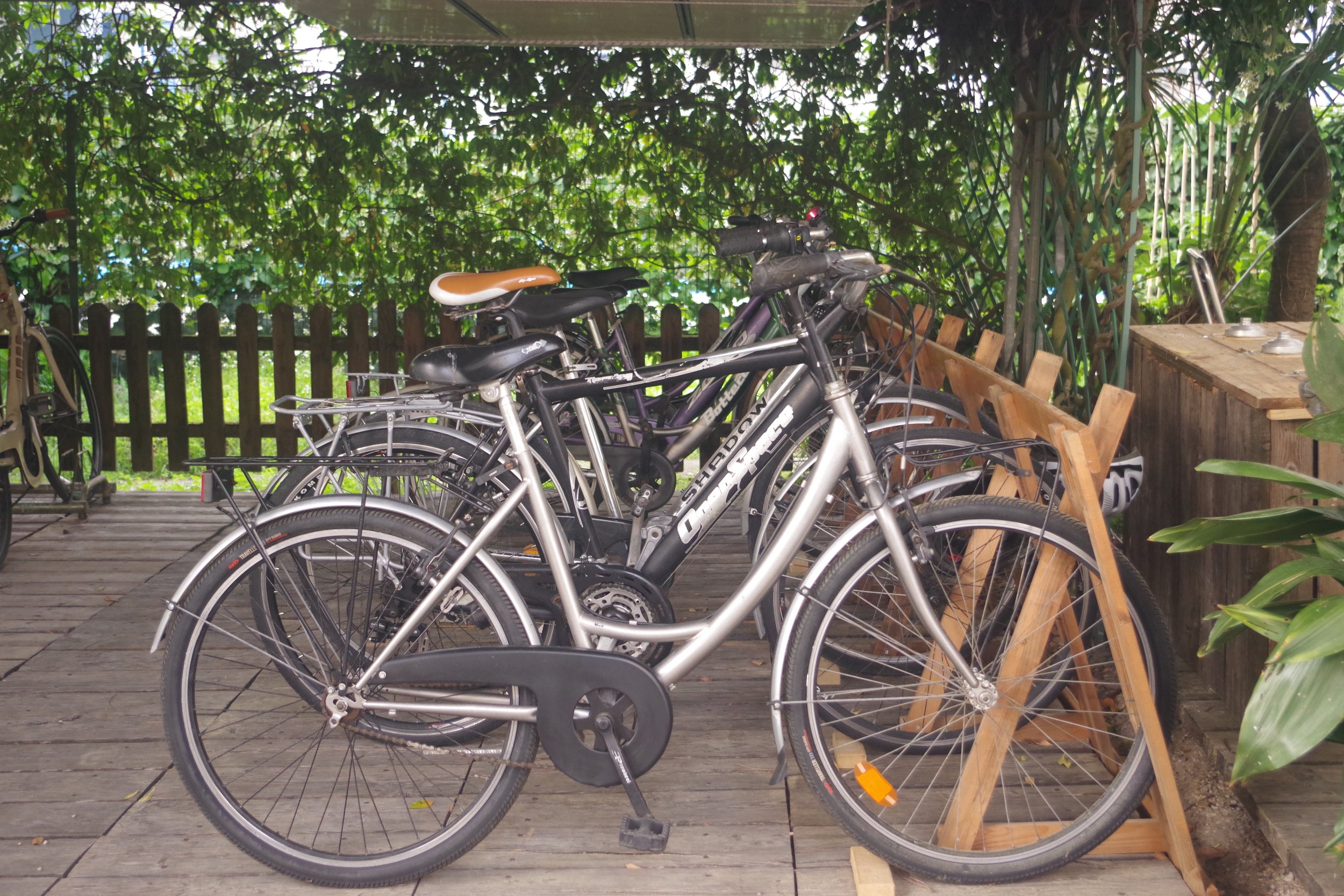 Biciclette appoggiate su un supporto di legno in un'area coperta verde.