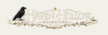 Haven Hollow Bookstore logo with a black crow perched on the left, decorative golden and green floral elements, and gold lettering.