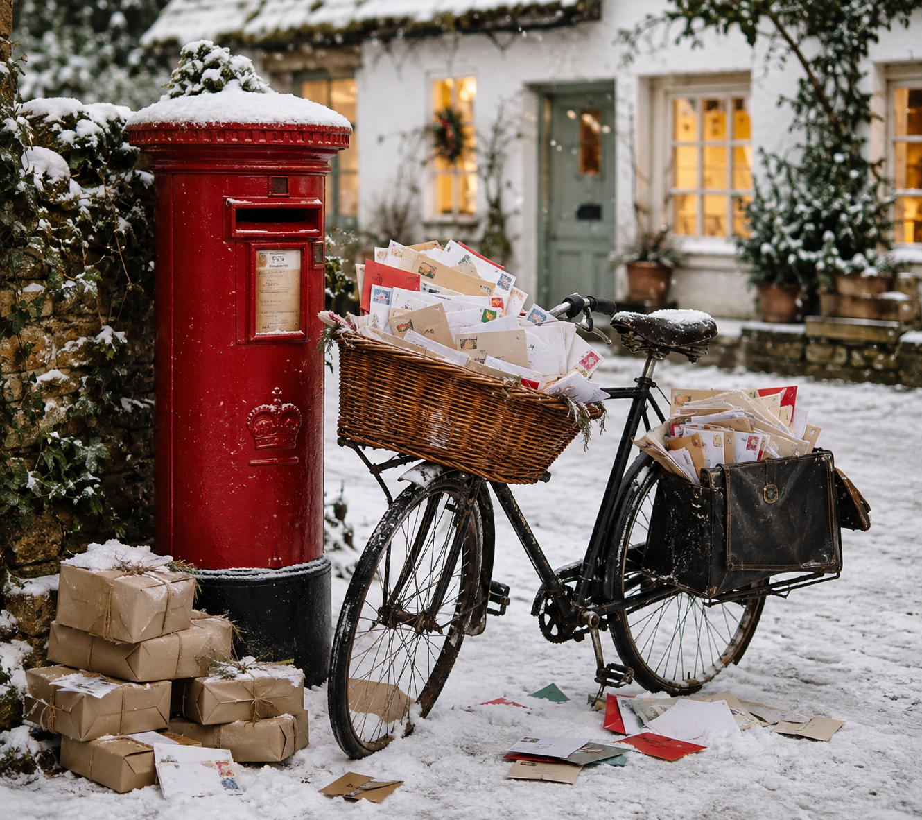 Postbox in the snow with a bike overflowing with post and parcels on the ground