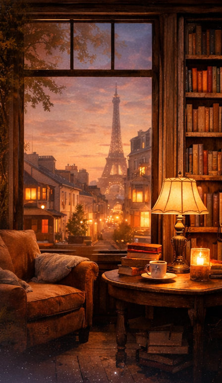 Cozy room with a view of the Eiffel Tower at sunset, featuring a leather sofa, a wooden coffee table with books, a lamp, and a bookshelf.
