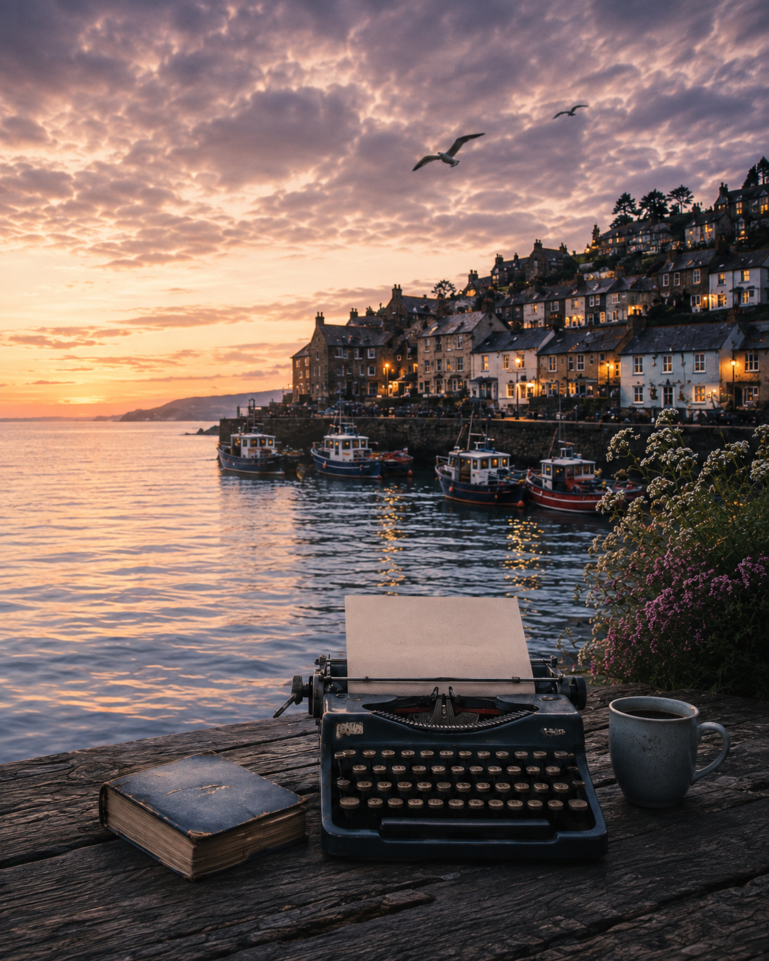 Forthaven Bay harbour at sunset with a vintage typewriter overlooking the sea