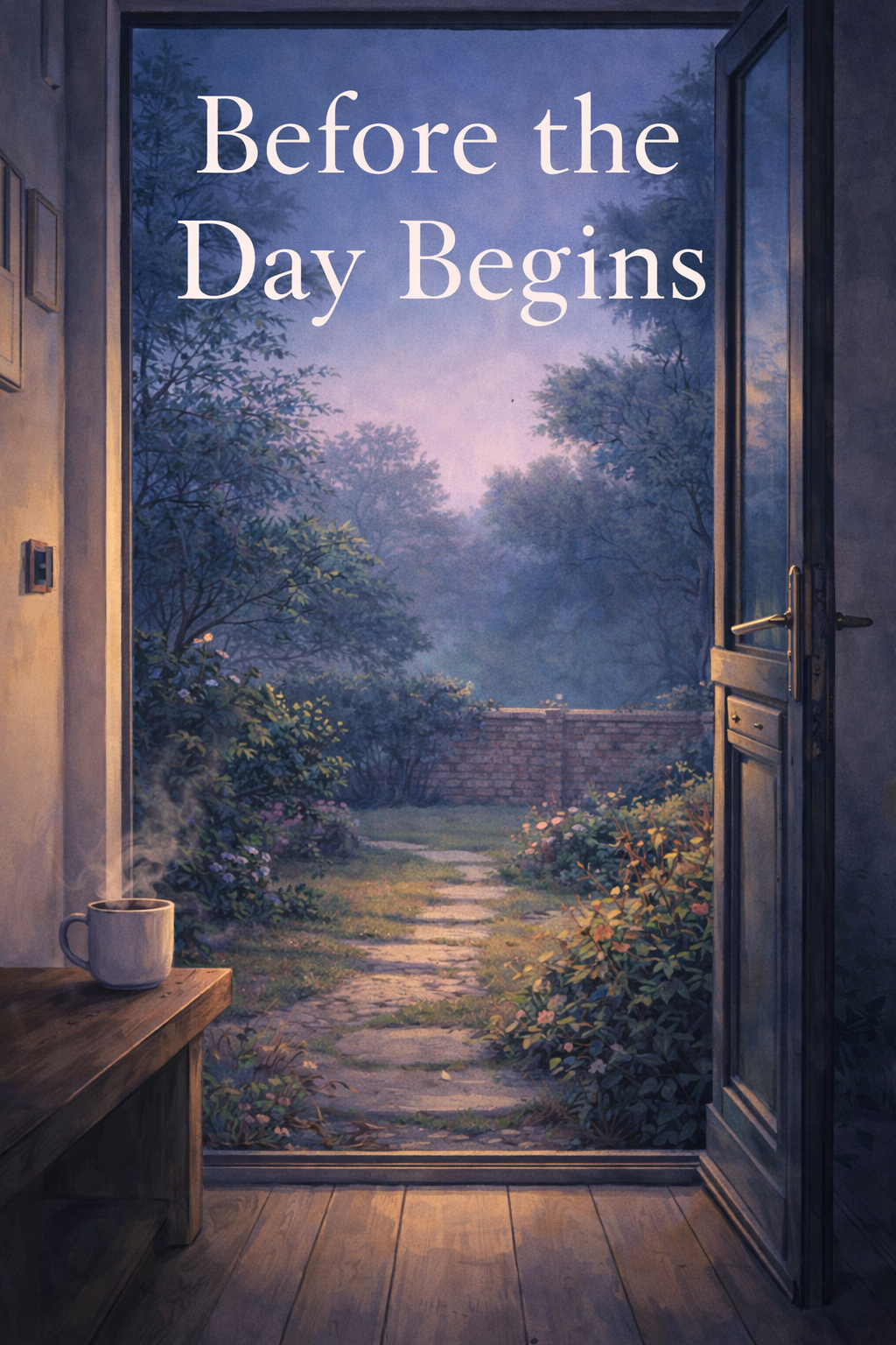 Open door leading outside to a garden path with trees and bushes, early morning or evening light, with a cup of steaming coffee on a wooden table inside.