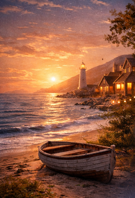 A small boat on a sandy beach near the shoreline at sunset, with a lighthouse and houses illuminated by warm lights in the background.