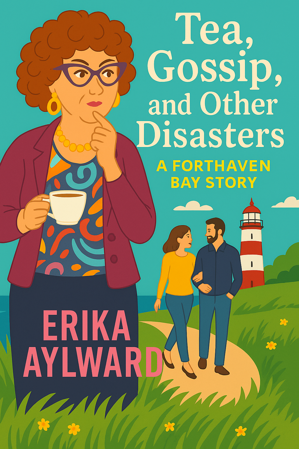 Book cover titled "Tea, Gossip, and Other Disasters: A Forthaven Bay Story" by Erika Aylward. Illustrated woman with curly hair, glasses, yellow earrings, and necklace, holding a cup of tea. Background features a lighthouse, a couple walking along a path, greenery, and blue sky with clouds.