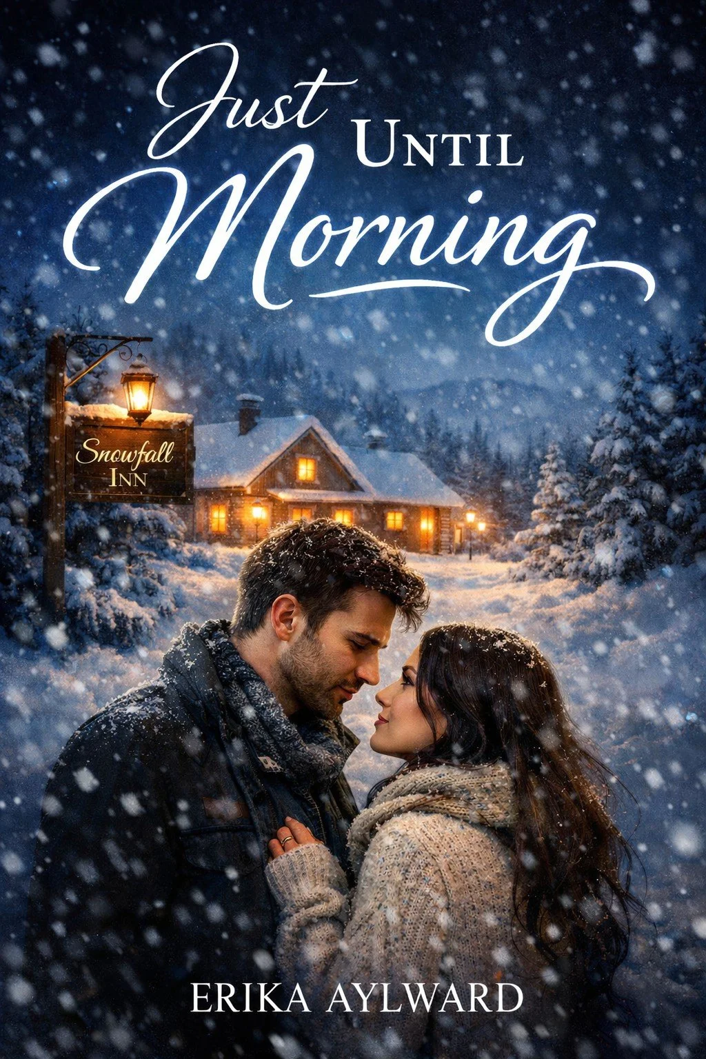 Snowy scene with a couple standing close together, facing each other, surrounded by falling snow. In the background, a warmly lit cabin and a sign reading "Snowfall Inn" are visible. The image is overlaid with the text "Just Until Morning" and the author's name, Erika Aylward.