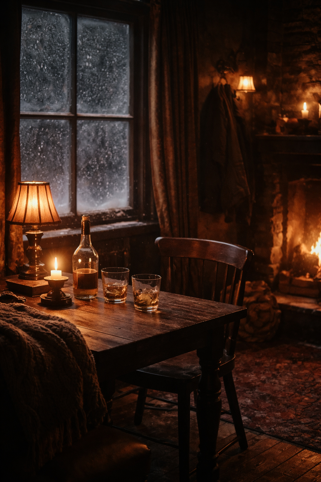 Cozy indoor scene with a table set for drinks, lit by a small table lamp and candles, near a window with rain on the glass, a fireplace with a fire burning, and a coat hanging on the wall.