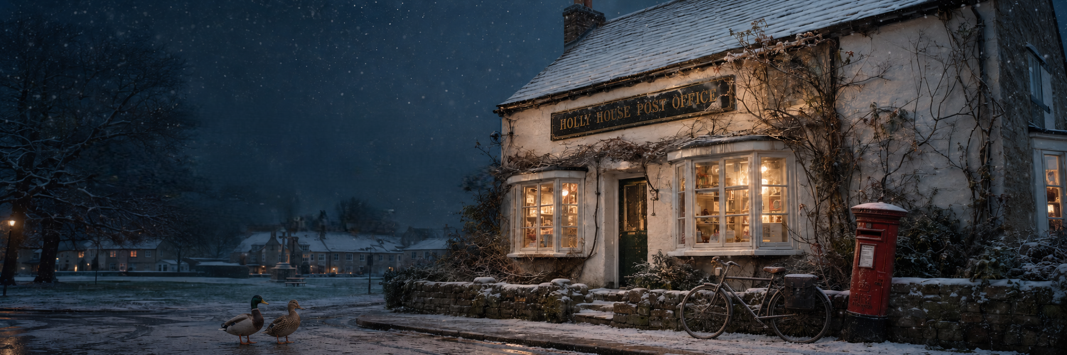 Snow-covered village scene with a house labeled 'Holly House Post Office,' illuminated windows, a red mailbox, a bicycle, and ducks near a pond at dusk or early evening.