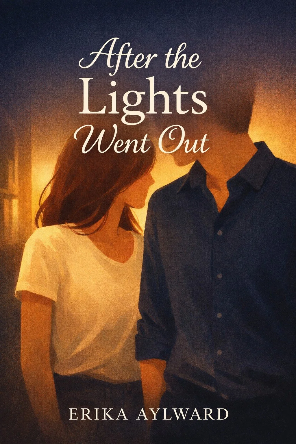 Book cover titled 'After the Lights Went Out' by Erika Aylward, featuring a silhouette of a man and woman close together, warm lighting in background.