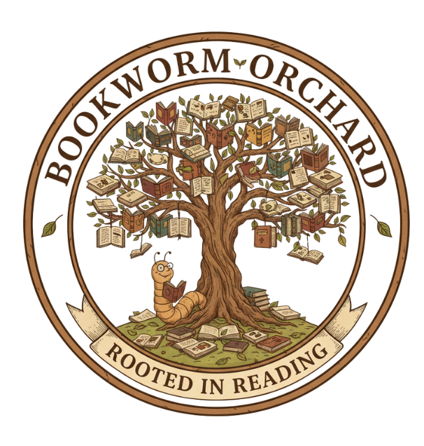 An illustrated logo featuring a tree with many open books as leaves, a worm with glasses reading a book at the base, and the text 'Bookworm Or-Chard' at the top and 'Rooted in Reading' at the bottom.