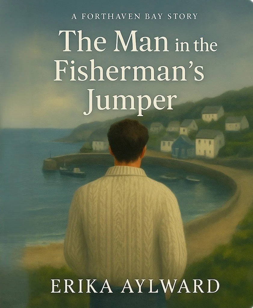 Book cover titled "The Man in the Fisherman's Jumper" by Erika Aylward, depicting a man with dark hair wearing a cream-colored, knitted jumper, standing by a coastal village with houses and boats, overlooking a bay.