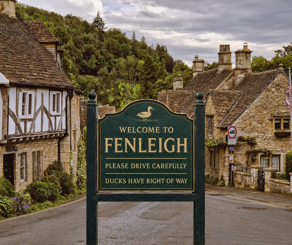 English village sign. Fenleigh drive carefully, ducks have right of way