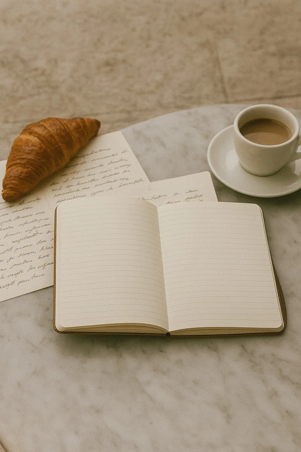 An open notebook with blank lined pages on a marble table, a croissant, handwritten letters, and a cup of coffee.