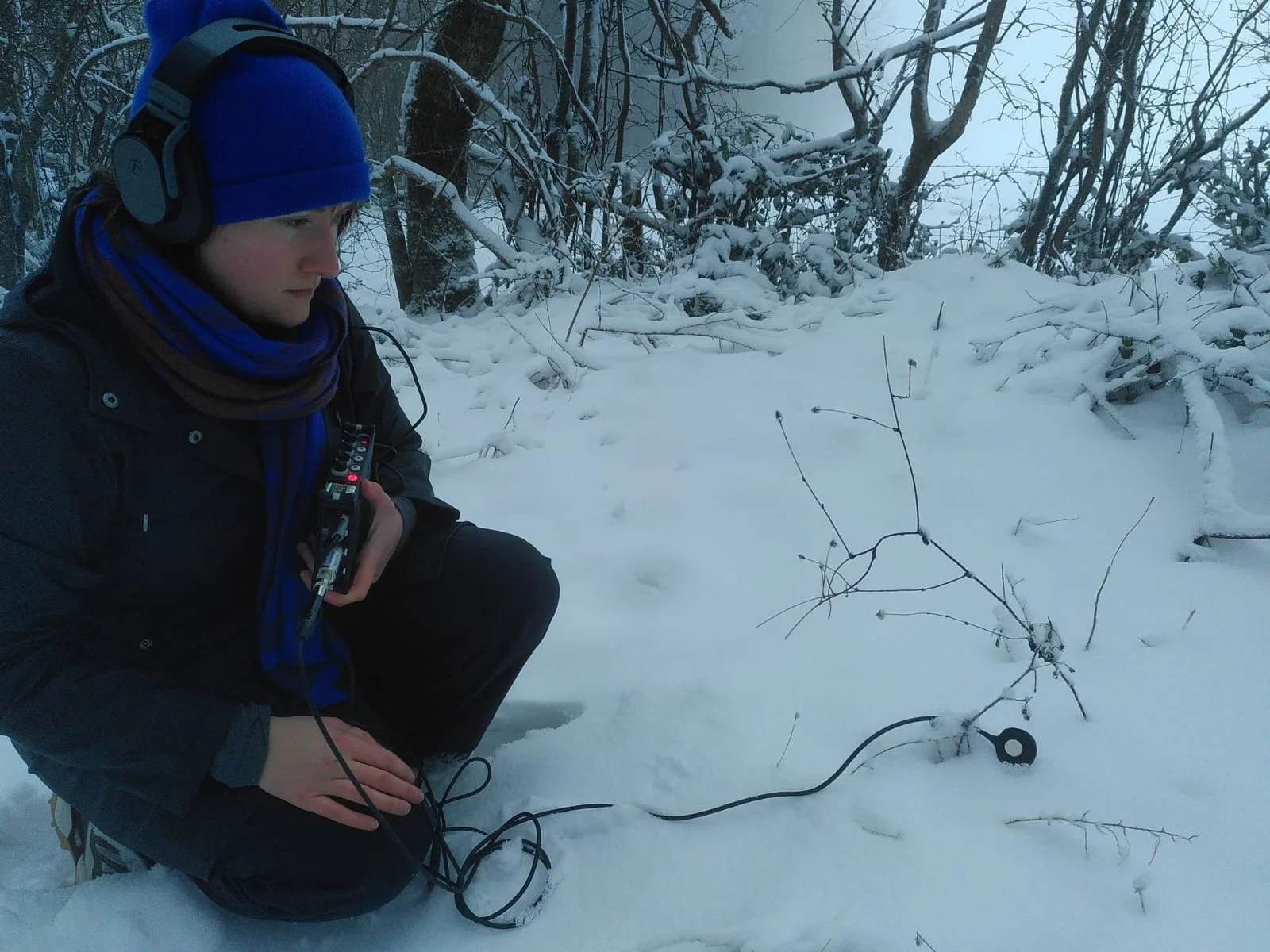 A person in winter clothing crouches in the snow holding audio equipment, with a snow-covered forest in the background.
