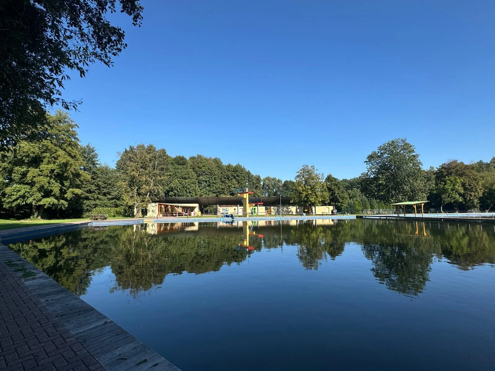Ein ruhiger Park mit einem großen Teich, umgeben von Bäumen, mit einer kleinen Holzpavillon im Hintergrund, bei sonnigem Wetter.