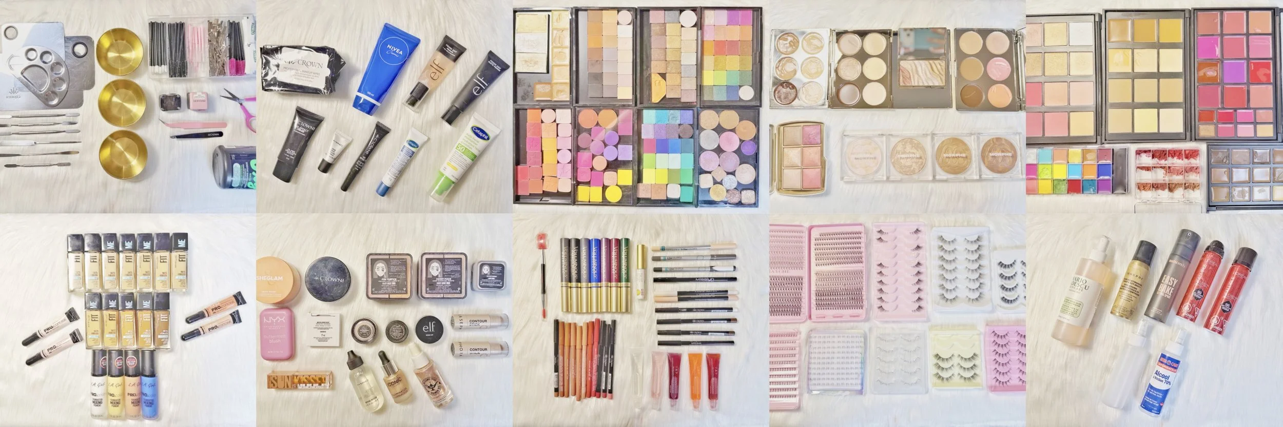 A large collection of makeup and beauty products, including brushes, palettes, lip products, foundations, skincare, and false eyelashes, arranged on a white surface.