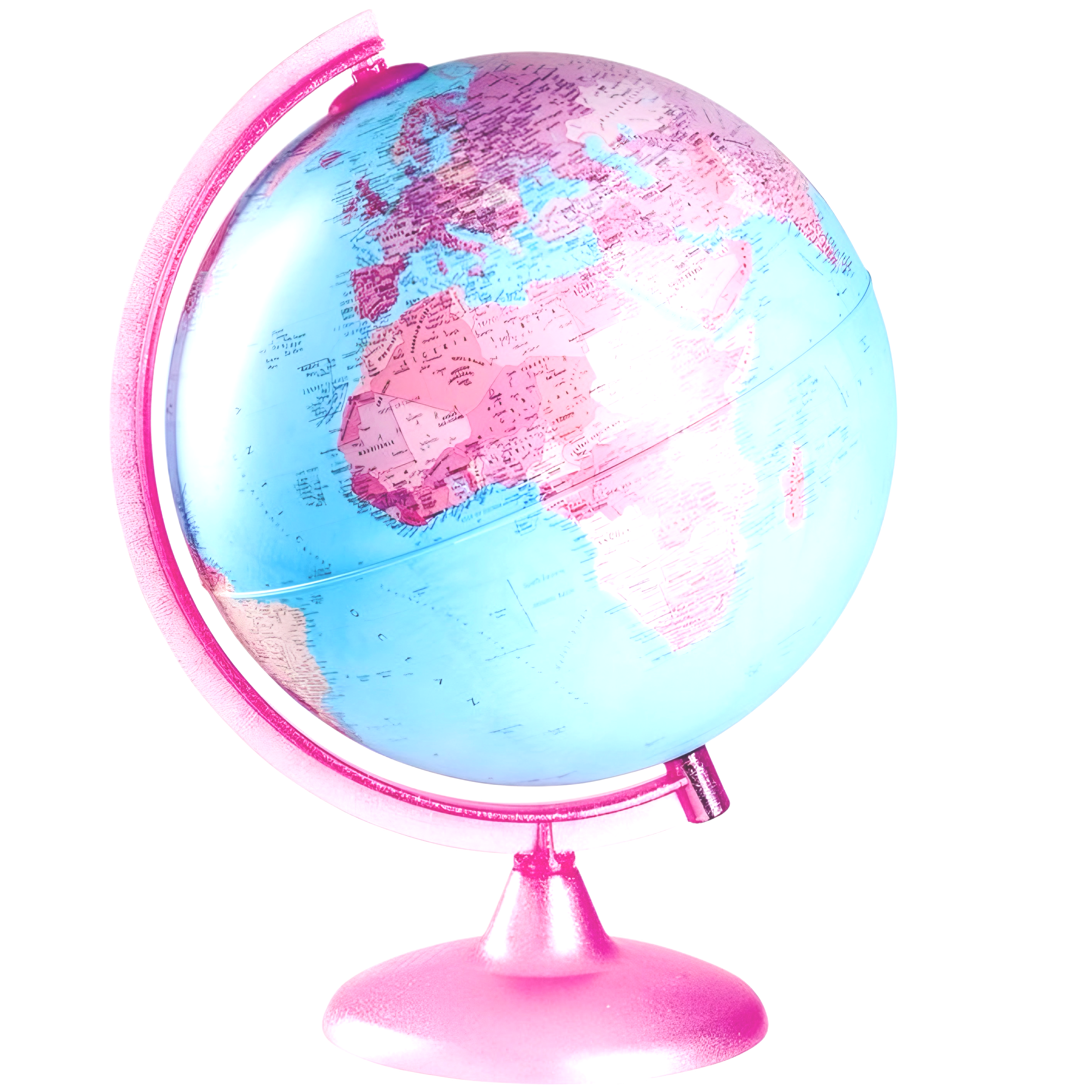 A pink illuminated globe showing Africa, Europe, and Asia.