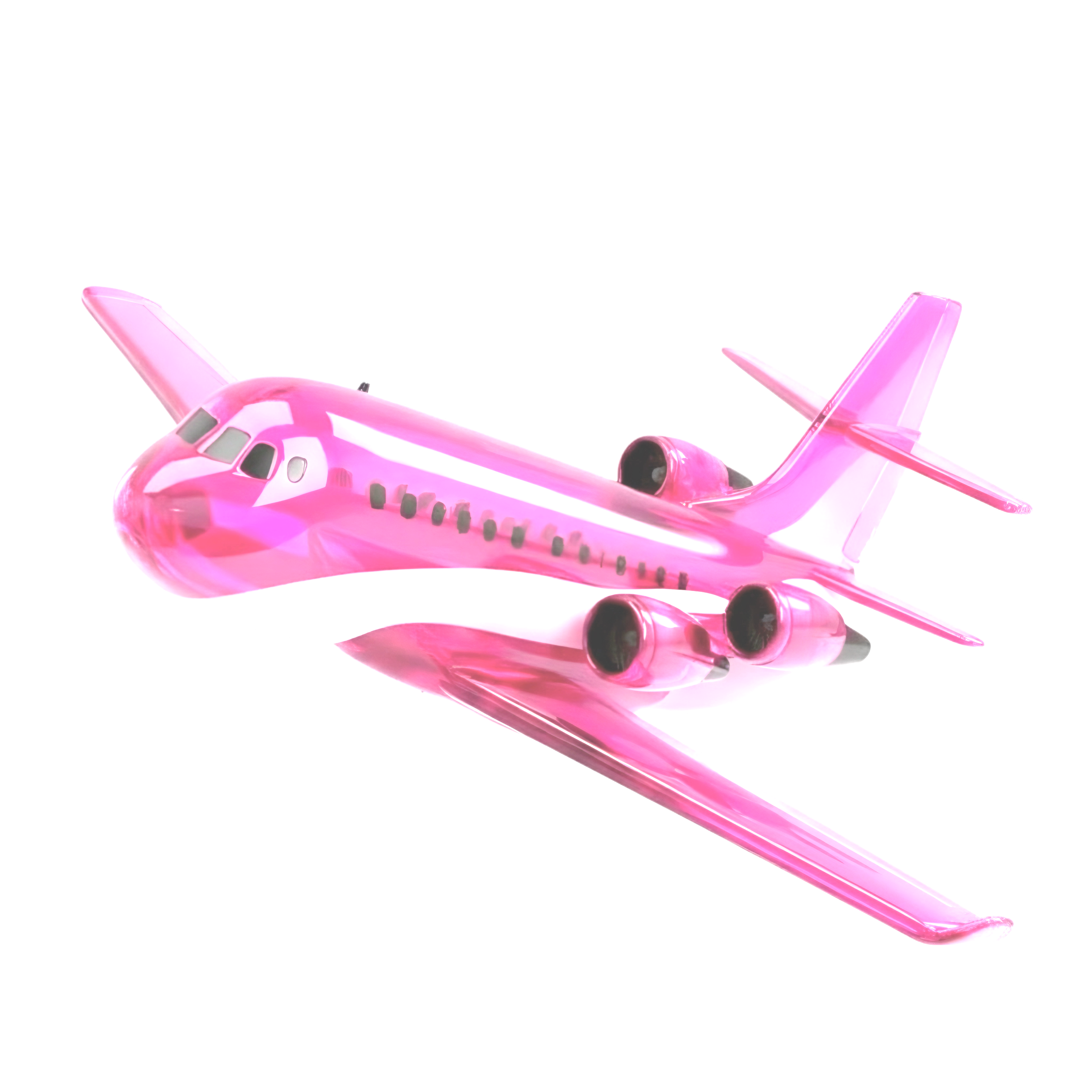 Pink toy airplane with jet engines and wings, designed for children.