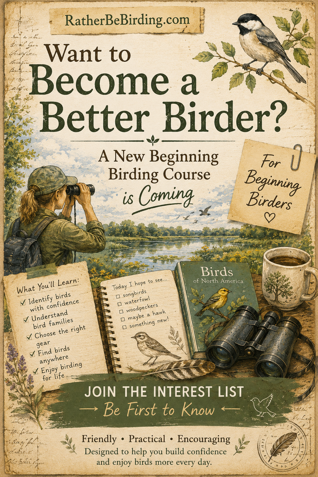 A promotional poster for a birding course by RatherBeBirding.com, featuring a woman with binoculars overlooking a pond, a bird guidebook titled 'Birds of North America,' binoculars, a mug, and illustrated birds and notes about bird watching.