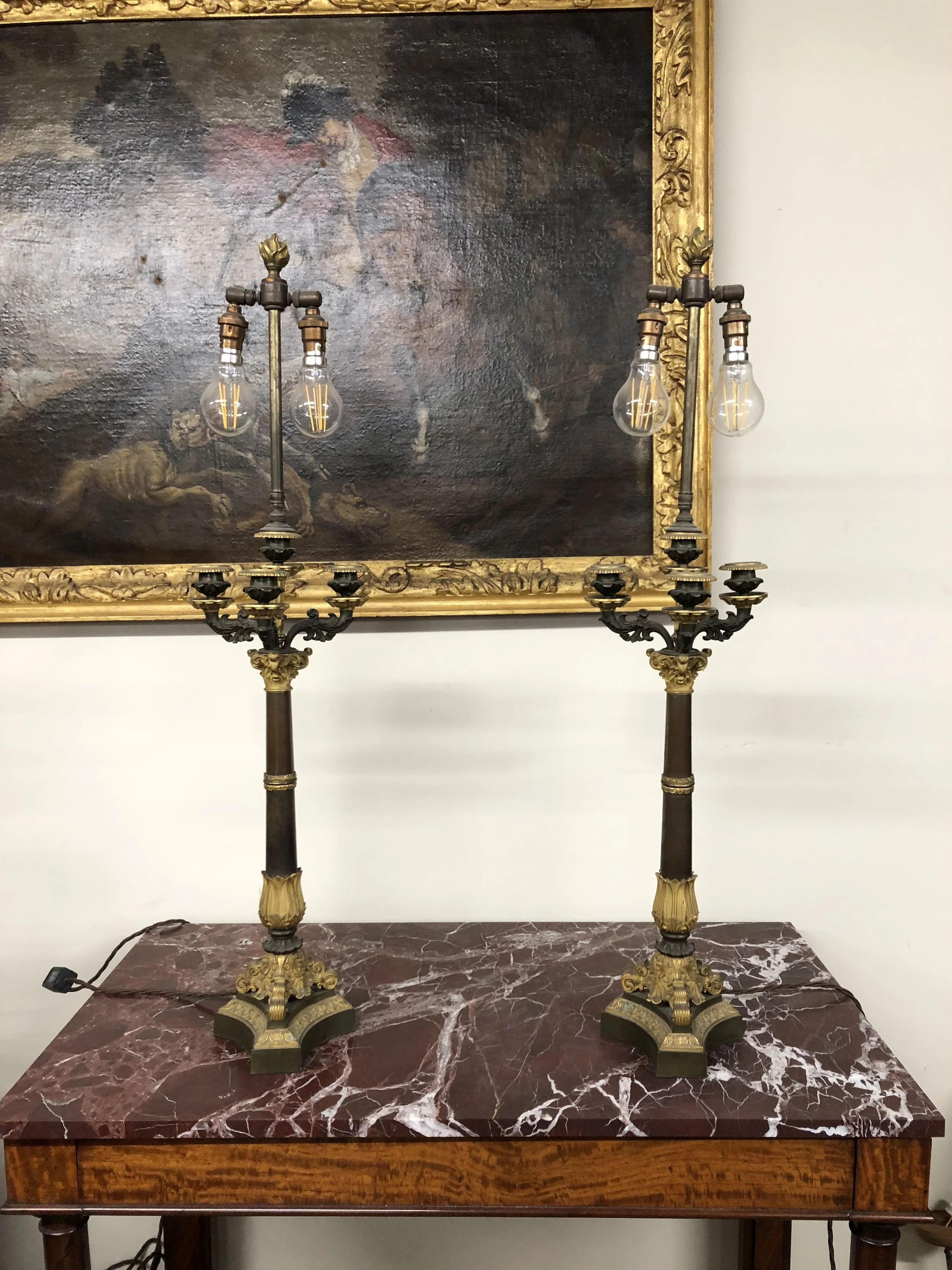 XXX ~ Pr 19th Century Bronze Gilt Candelabra, electrified, with top mounting for shades. 

 exceptional quality 3,300 pounds 