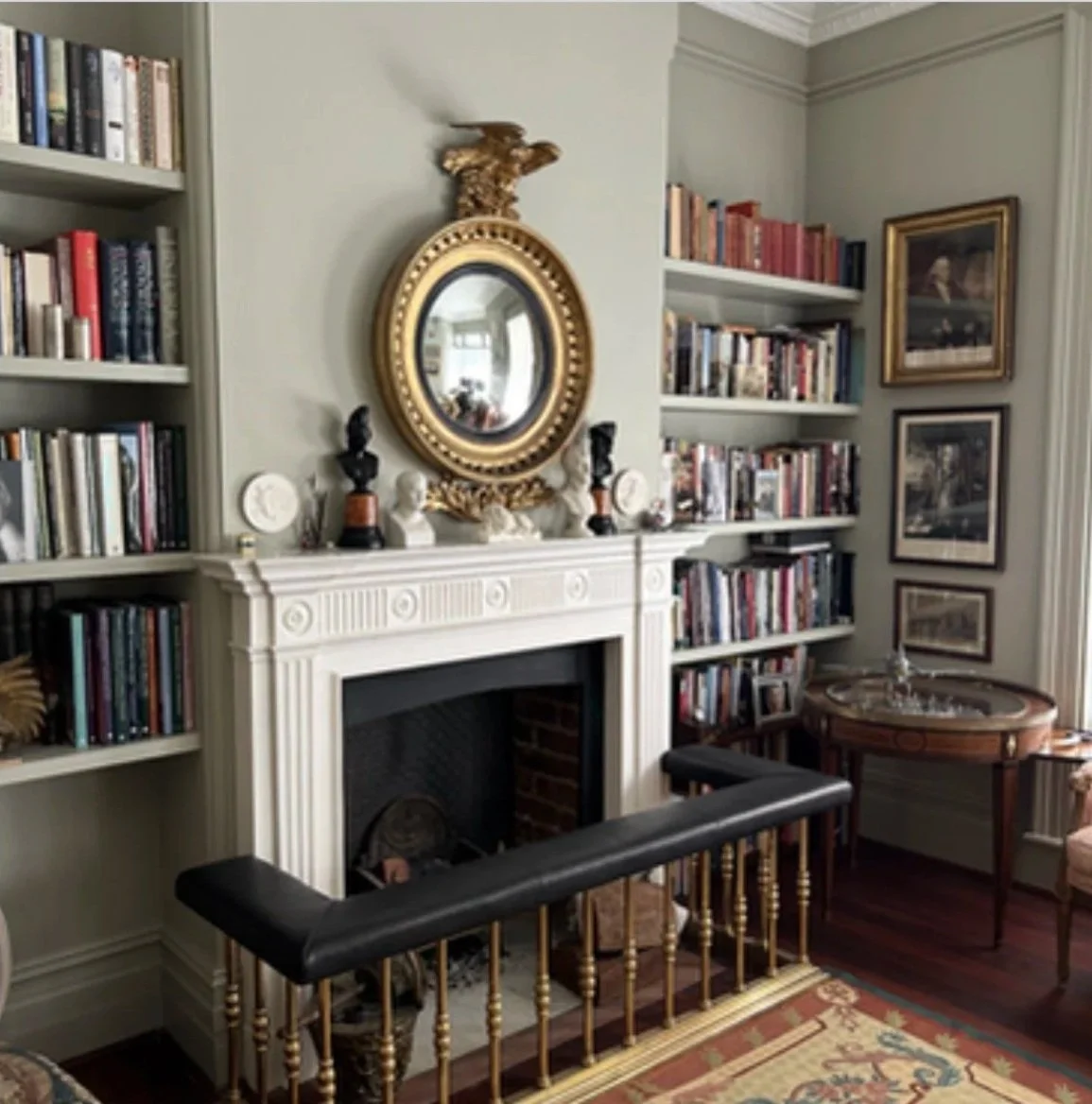 Minton chimney piece, Club fire guard leather, brass