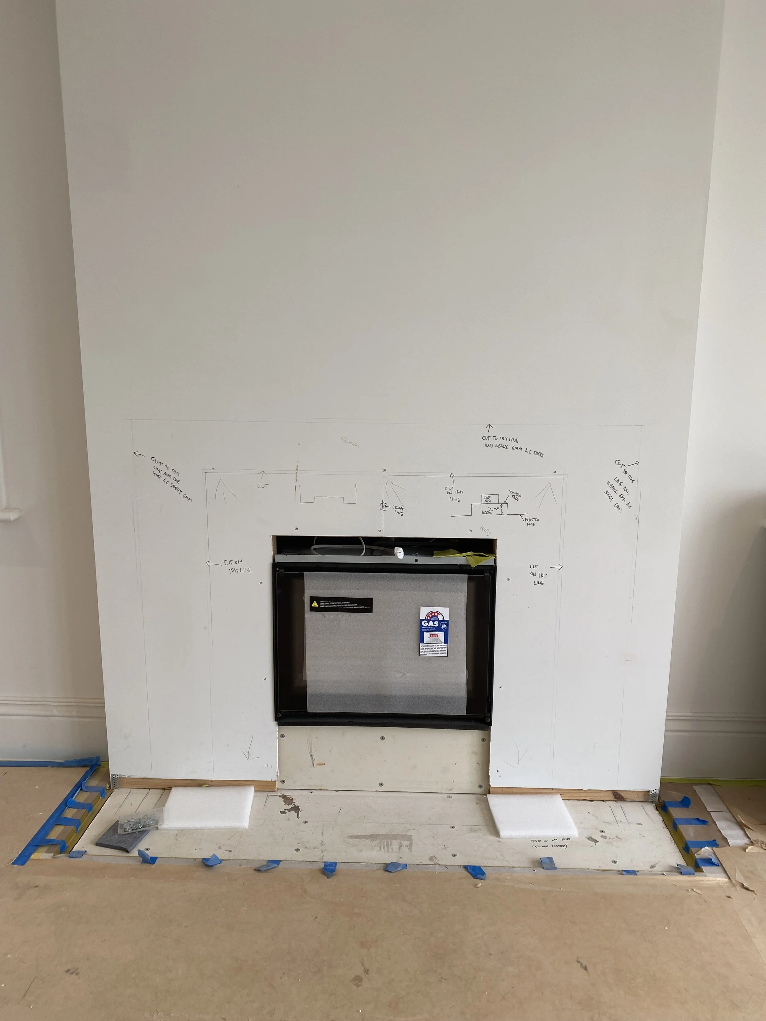 marking out for remove plaster, for depth cement sheet before first steel face behind face,