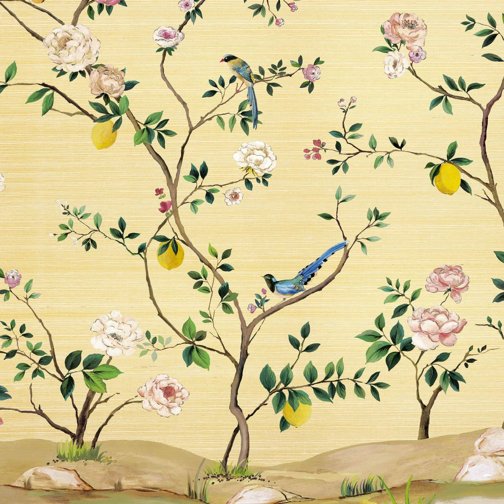 A decorative wallpaper pattern featuring flowering trees with pink and white blooms, yellow hanging fruit, and blue birds on branches, set against a light yellow background.