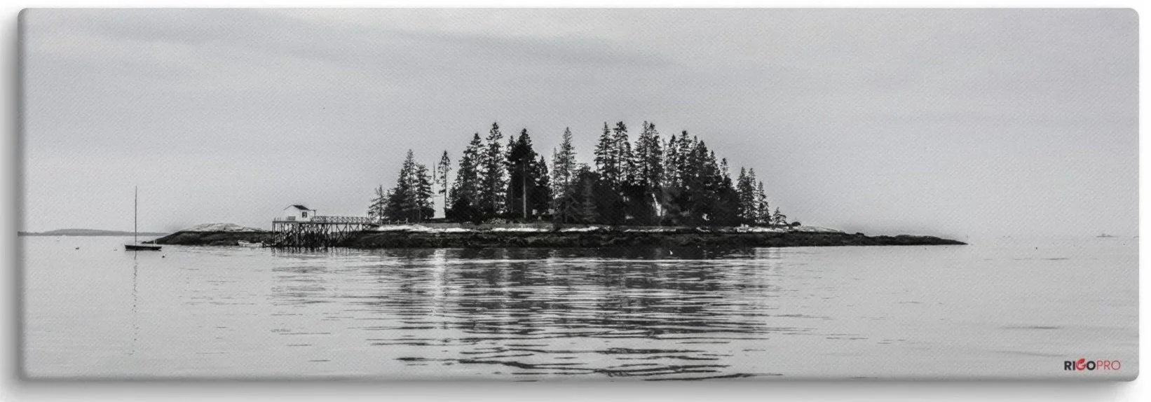 A long horizontal black and white canvas print of a small island of pine trees set against a soft cloudy sky and calm waters reflecting the island shape onto the water.