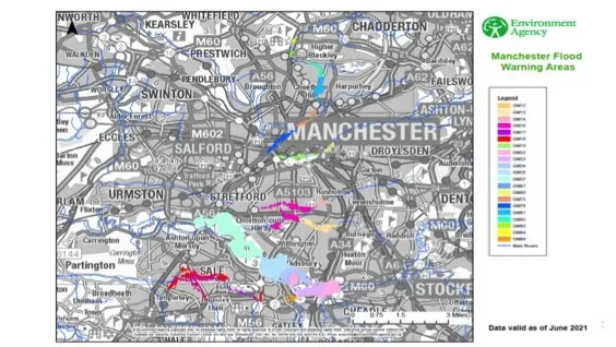 Map showing flood warning areas in Manchester