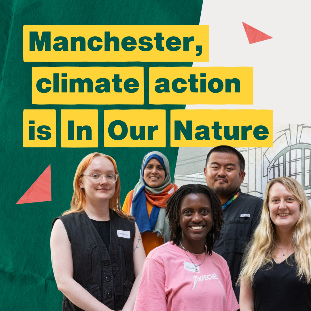 In Our Nature graphic with text that reads "Climate action is In Our Nature" and image of people smiling to camera