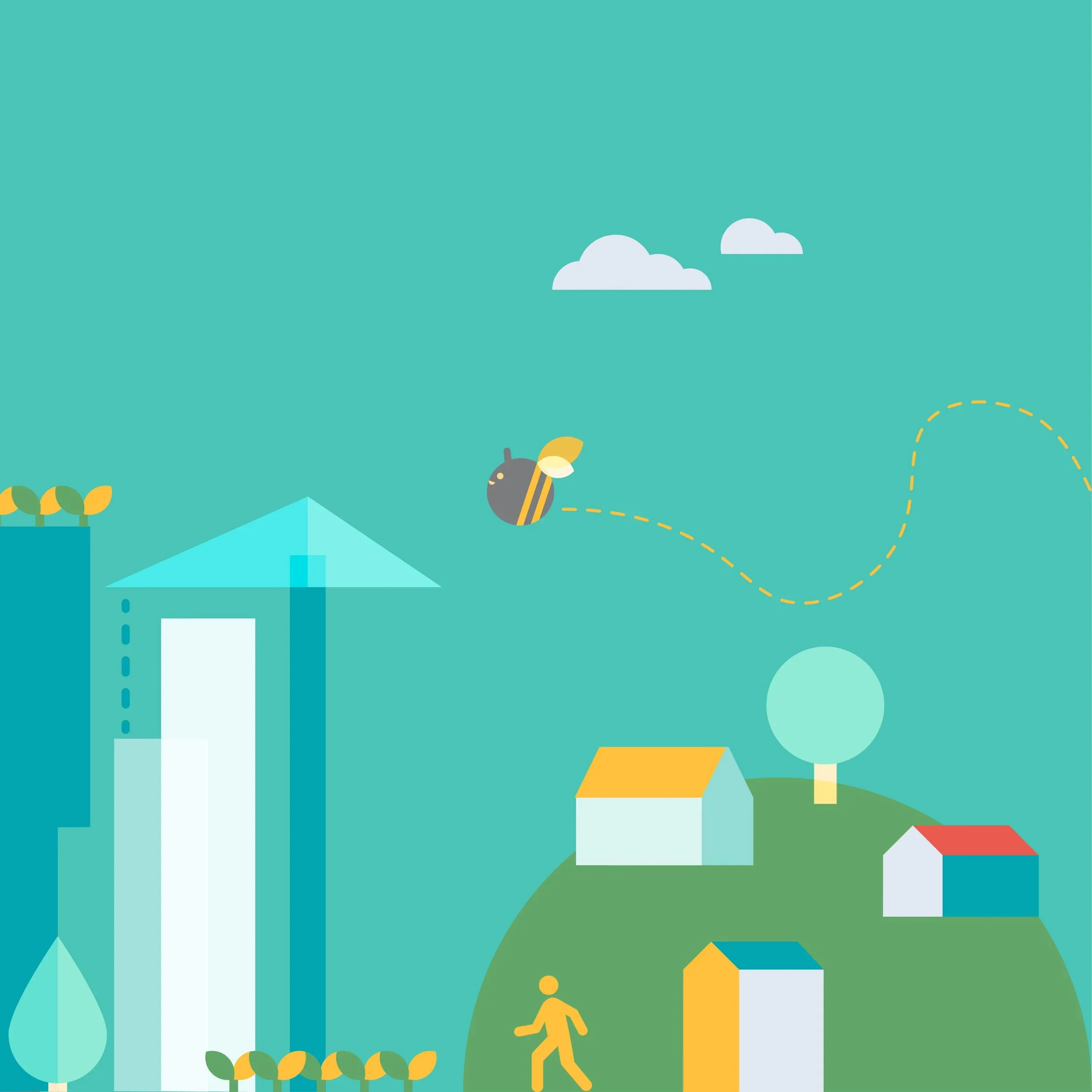 Graphic illustating city scape and green spaces