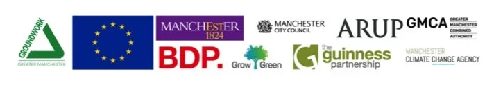 Lock-up of partner logos: Groundwork, European Union, University of Manchester, BDP, Grow Green, Manchester City Council, The Guiness Partnership, ARUP, Greater Manchester Combined Authority, Manchester Climate Change Agency
