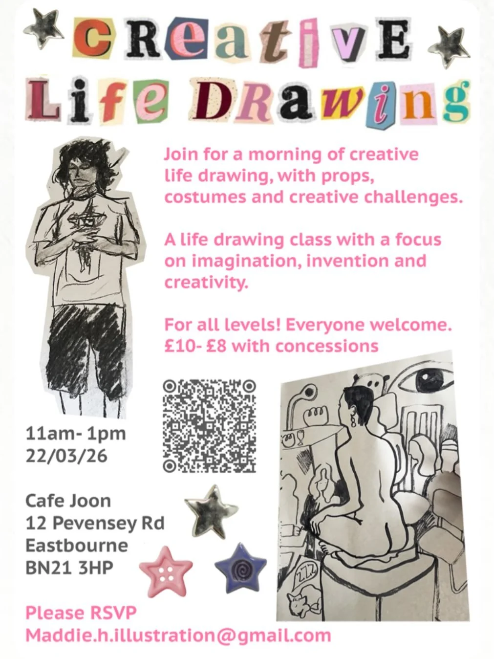 Join us for Creative Life Drawing Cafe Joon. Meet new people and smash through art blocks!
A low-pressure, informal life drawing session for all levels. Working with our delightful model, Lucy, we will use costume, props and creative challenges to aw