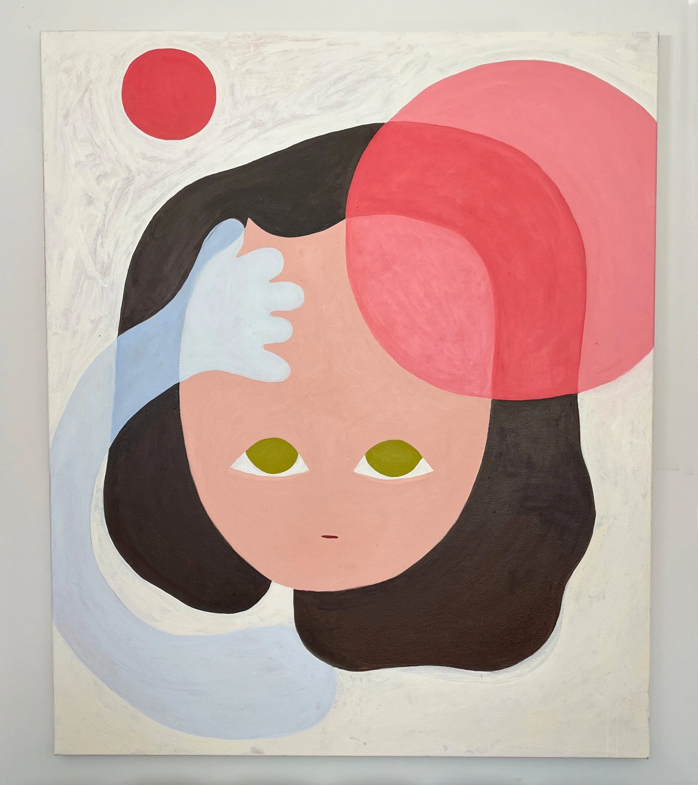 Abstract painting of a face with large green eyes, brown hair, and a neutral expression. There are colorful geometric shapes and a red circle in the background.