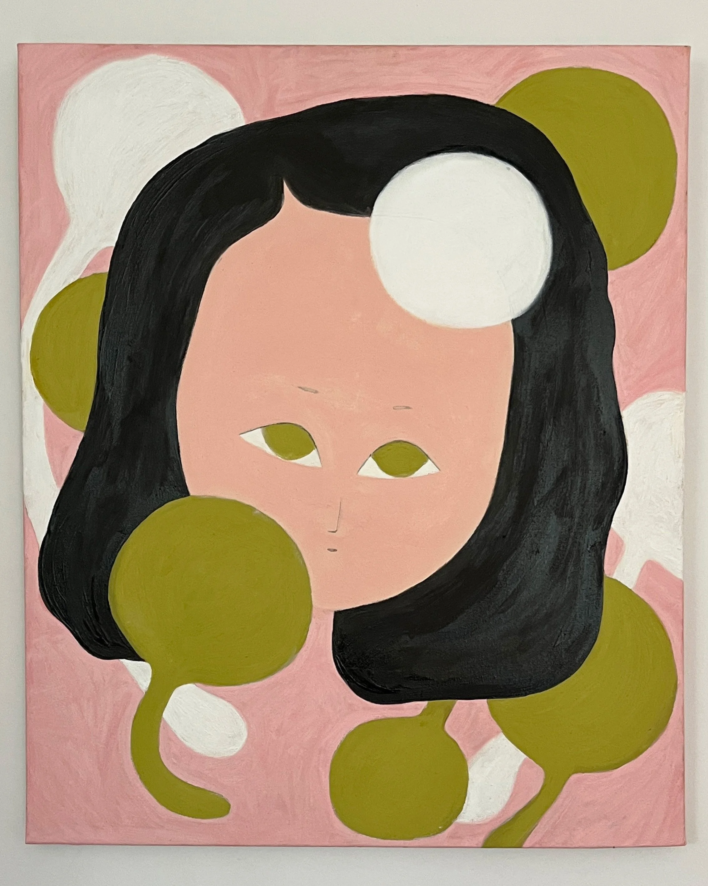 Abstract painting of a face with black hair, pale peach skin, surrounded by green and white circular leafy shapes, on a pink background.