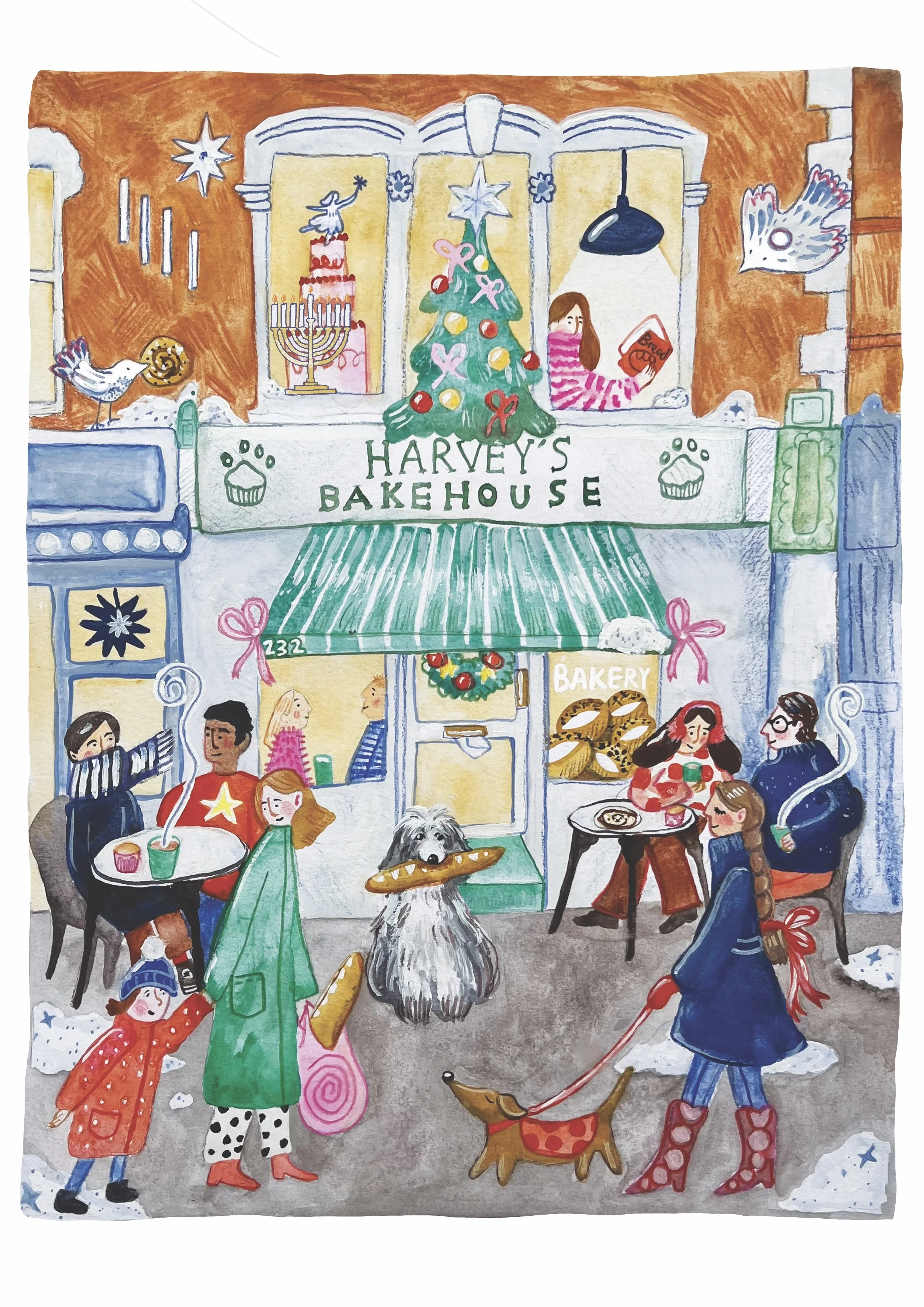 Colorful illustration of a bakery storefront decorated for Christmas, with a Christmas tree, festive wreath, and holiday decorations. People, including children and dogs, are outside enjoying the holiday scene. The bakery sign reads 'Harvey's Bakehouse.'