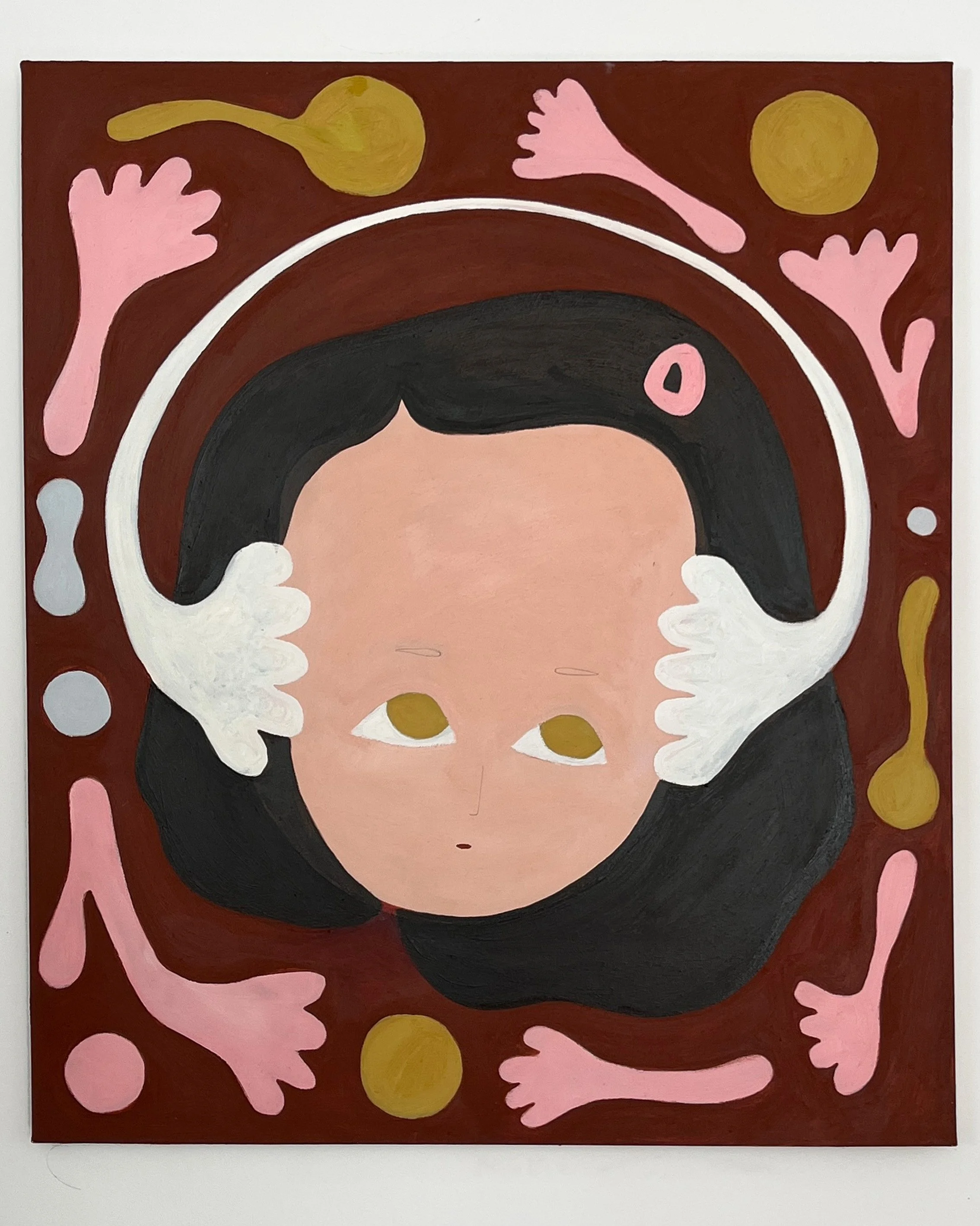 A painting of a woman's face with green eyes, surrounded by pink and yellow abstract shapes on a brown background.