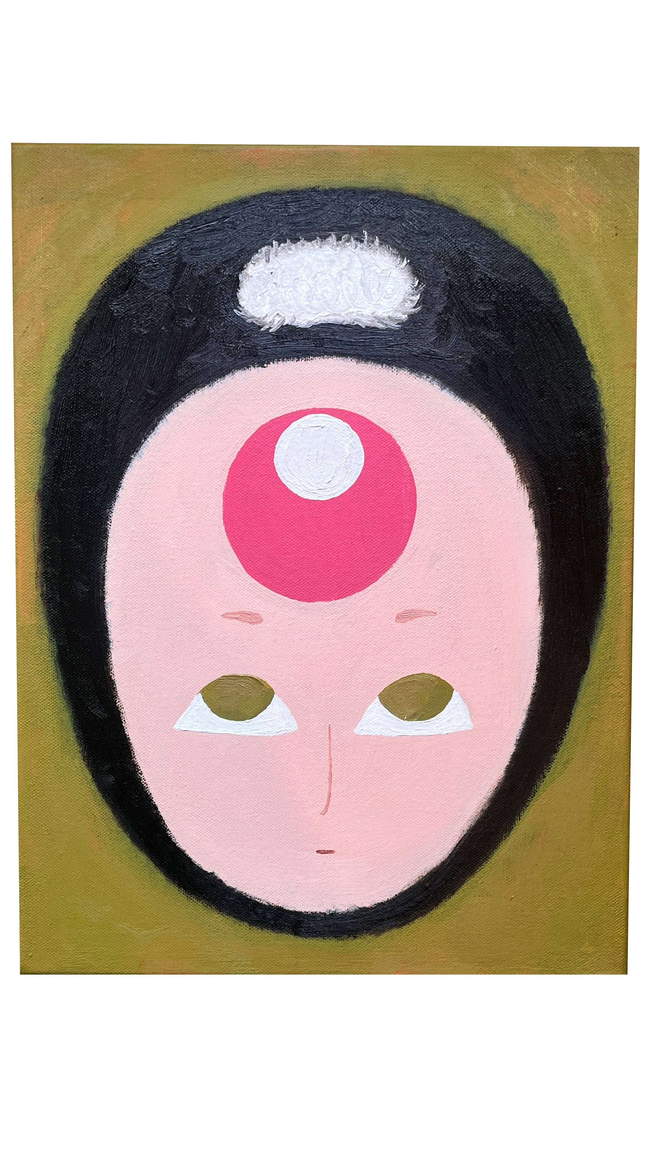 Abstract painting of a face with a pink area around the nose and mouth, white circular forehead decoration, and gold-colored eyelids, on a green background.