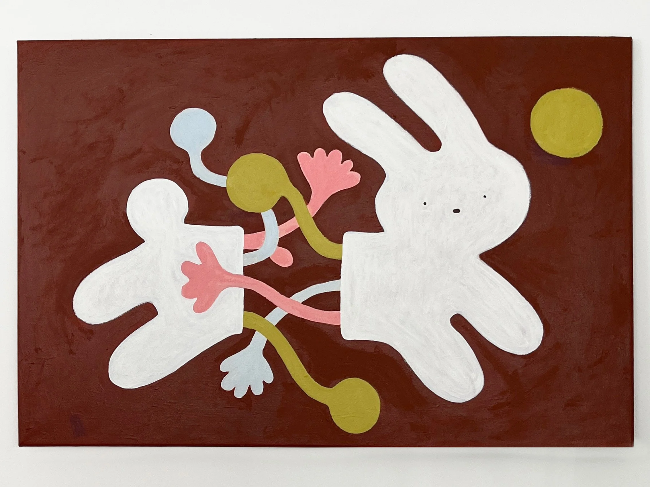 Abstract artwork featuring a large white bunny with a small black nose and simple eyes, surrounded by colorful shapes and a yellow circle, on a brown background.