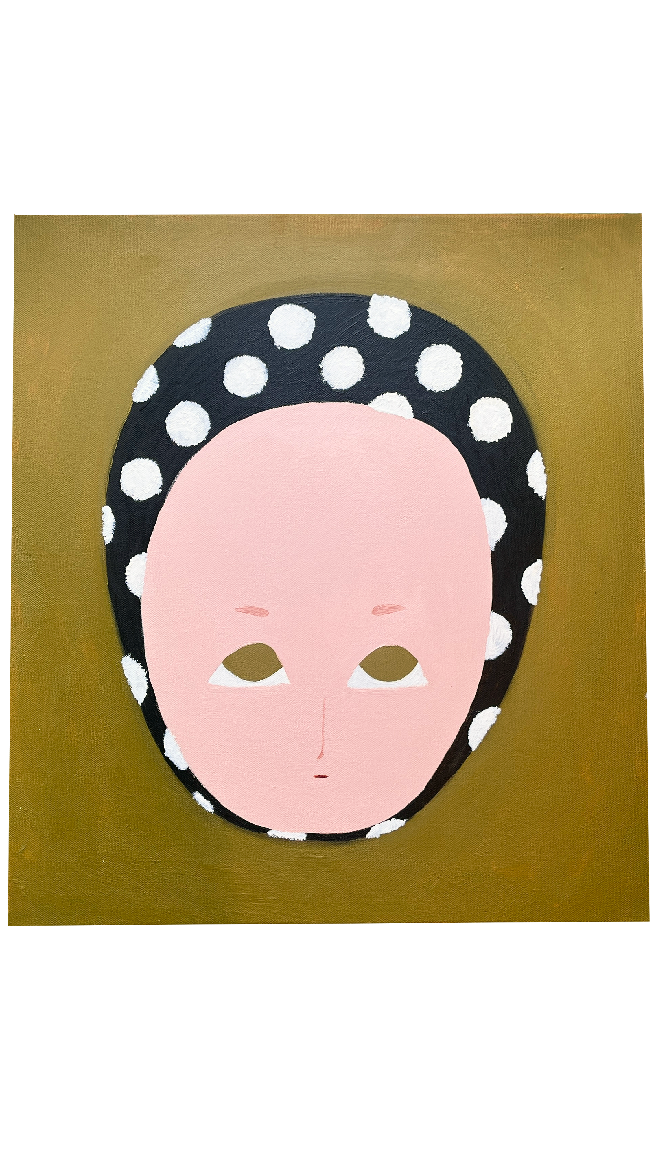 A painting of a stylized, face with light pink skin, no visible nose, wearing a black headscarf with white polka dots, set against a greenish background.