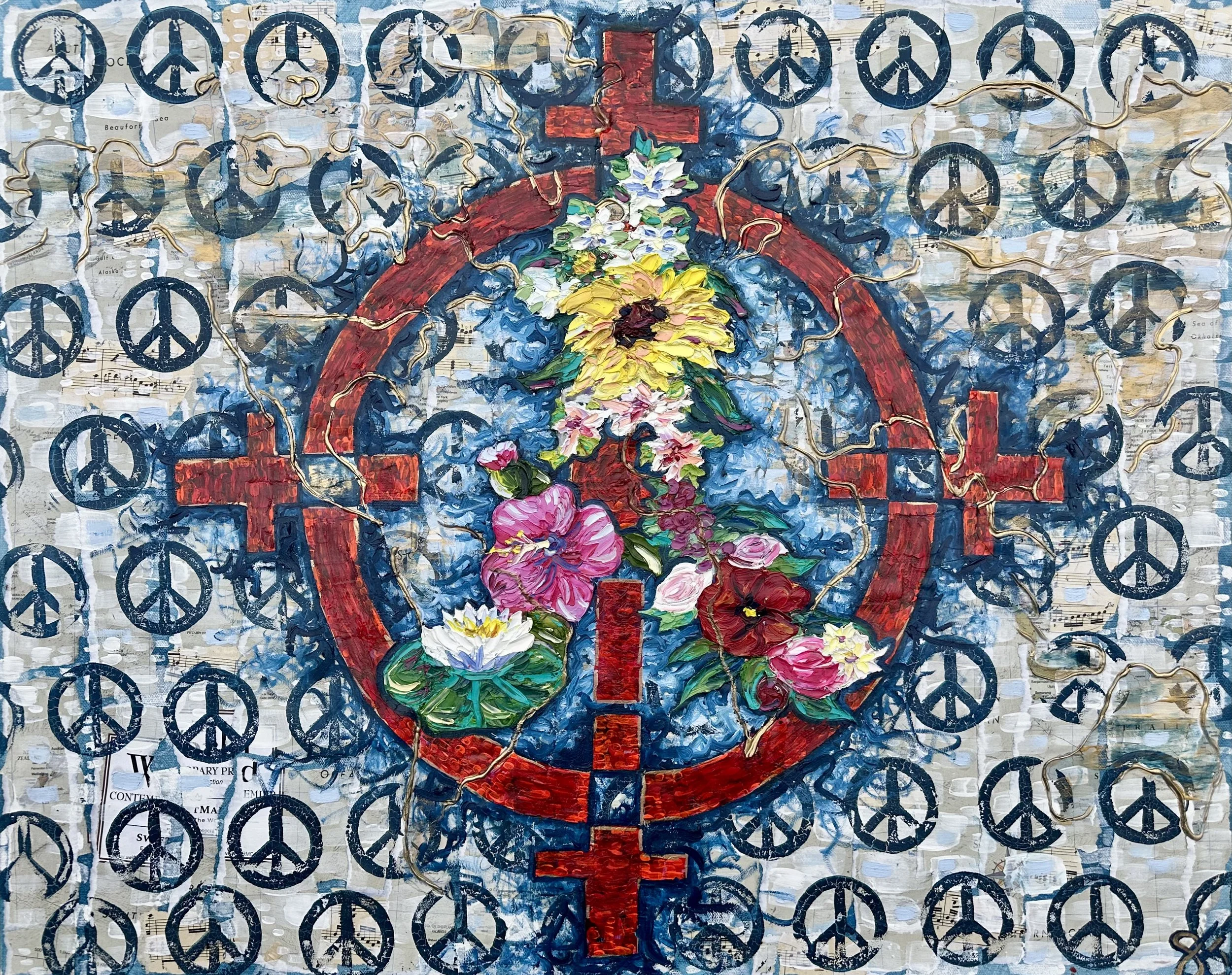 "World Peace" 30x24- oil, printmaking, and mixed media on canvas