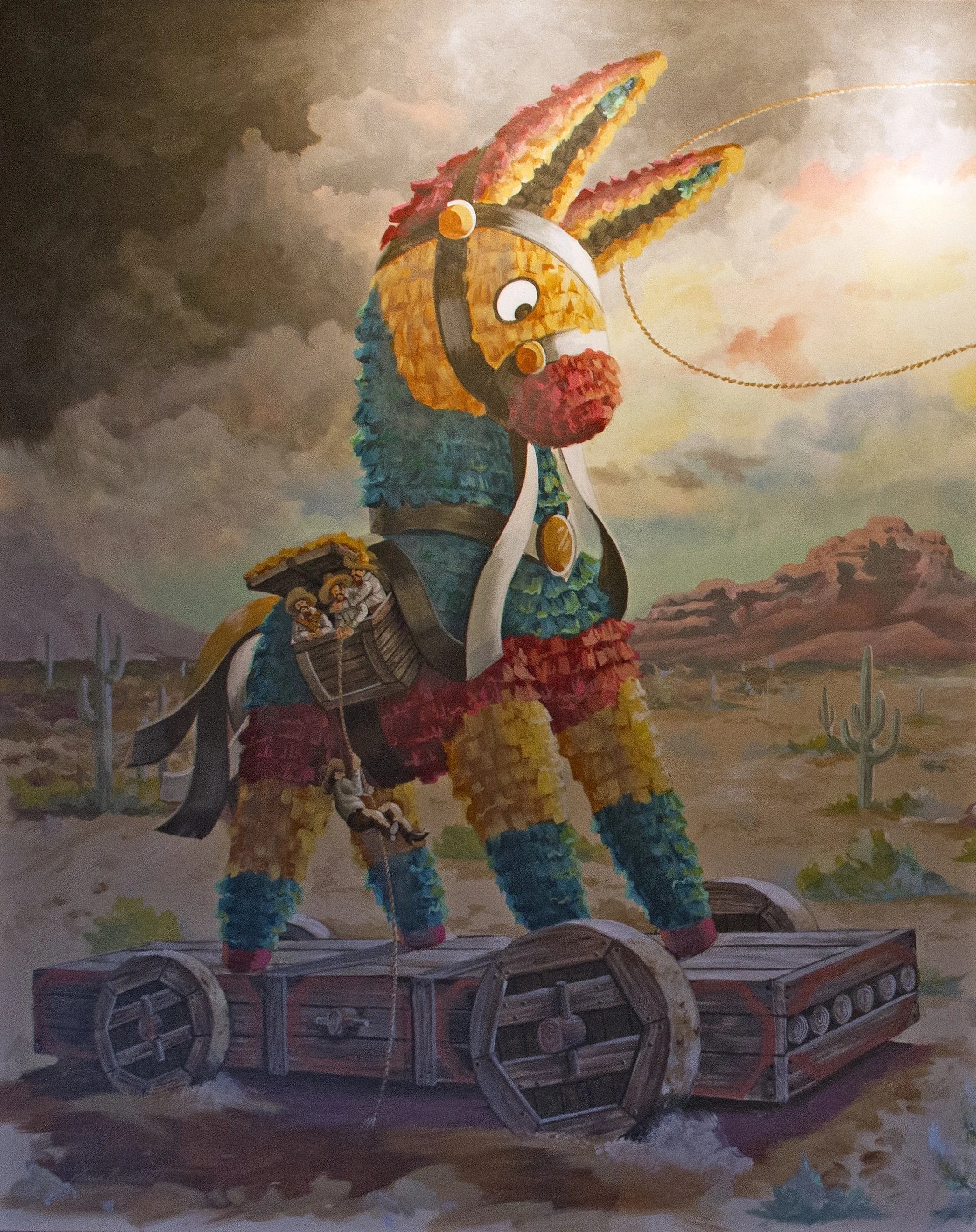 A colorful llama robot in a desert landscape with cacti, mountains, and a cloudy sky, with a small person climbing a rope attached to its leg.