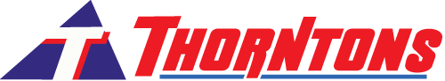 Thorntons logo with a triangular emblem and the word 'Thorntons' in bold red letters