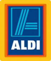 ALDI supermarket logo with blue background and yellow border